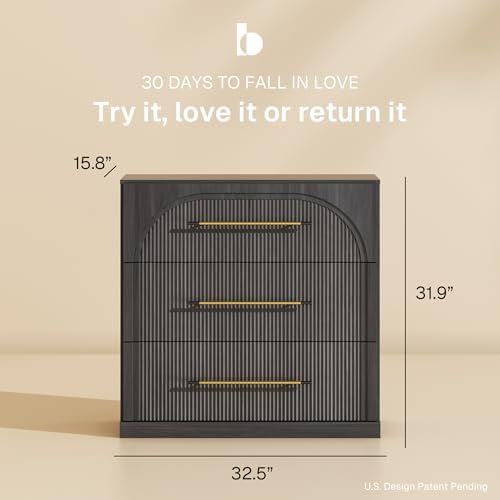 BELLEZE Set of 3 Fluted Modular Sideboard Cabinet, 97'' Classic Modern Buffet Cabinet with 3 Drawers, Accent Credenza Cabinet for Living Room Kitchen Entryway (Ebony) - Image 2