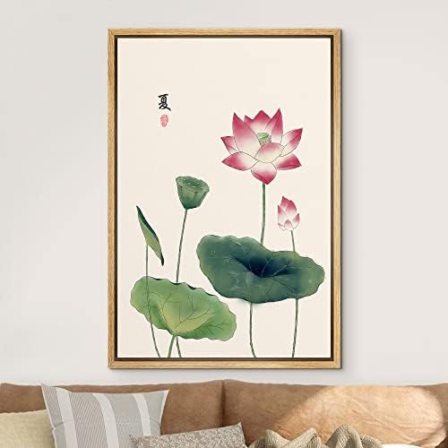NWT Framed Canvas Print Wall Art Japanese Style Watercolor Pink Lotus Flowers Floral Plants Illustrations Modern Art Rustic Scenic Colorful Pastel for Living Room, Bedroom, Office - 16"x24" Natural - Image 3