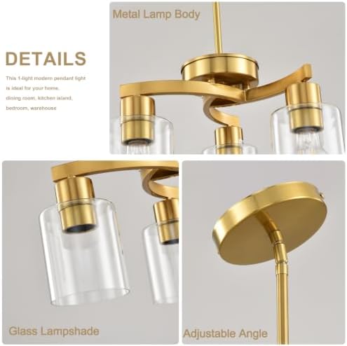 3 Light Brass Gold Dining Room Chandelier, Modern Industrial Pendant Light for Kitchen Island, Adjustable Height Hanging Ceiling Light Fixture with Clear Glass Shades,E26 Base,Dimmable - Image 5