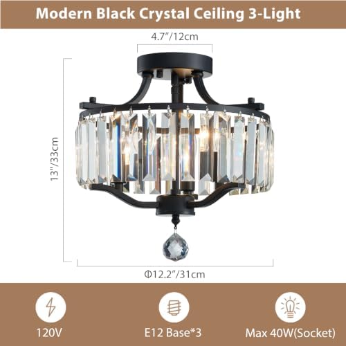 Crystal Black Chandeliers Modern Farmhouse Small Chandelier 12.2 Inch 3-Light Round Crystal Mini Semi Flush Mount Ceiling Light Fixture for Dining Room Entryway Hallway Kitchen Bedroom Foyer - Image 3