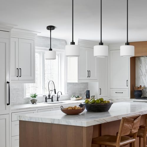 Milk Glass Pendant Lights Kitchen Island, 1-Light Modern Black Hanging Light Fixtures with Rods, Mini Kitchen Pendant Lighting Over Island for Sink Bathroom, OS-YQ8153-1PBK - Image 6