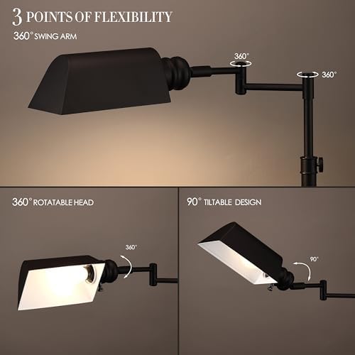 O’Bright Arcadia - Pharmacy Floor Lamp, Full Range Dimming, Swing Arm Task Lamp, E26 Socket, Bulb Replaceable, Adjustable Height 47” to 55”, 360° Rotatable Shade, All-Metal Design, Black - Image 2