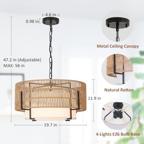 4-Light Rattan Chandelier, 19.7" Large Boho Hand Woven Pendant Light - Image 2