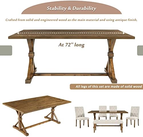 Mirightone 6-Piece Farmhouse Dining Table Set for 6 Rectangular Table Set with 4 Upholstered Chairs and Bench, Solid Wood Dining Table Set for Kitchen, Dining Room (Walnut) - Image 5