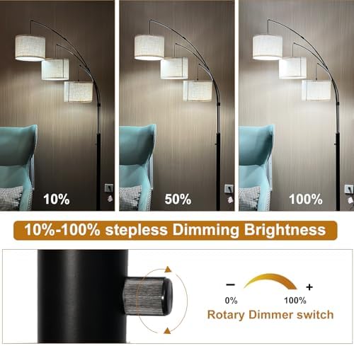 Dimmable Arc Floor Lamp, 3 Lights Floor Lamps for Living Room, 1500LM Rotary Switch Modern Tall Standing Lamp with Beige Shades & Heavy Base, Mid Century Tree Floor Lamp for Bedroom Office - Image 3