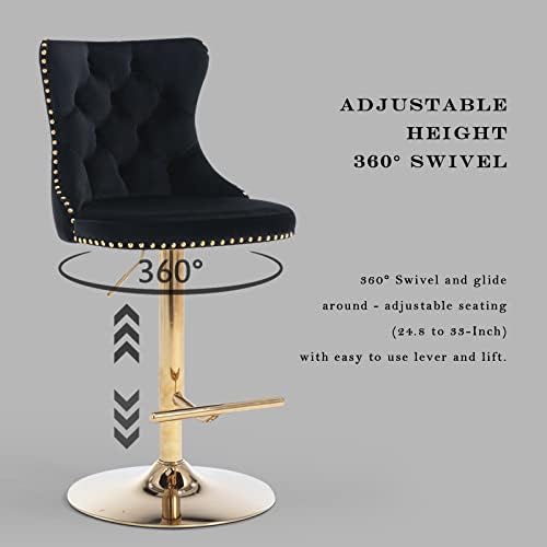 SoarFlash Velvet Bar Stool Set of 2, Adjustable Swivel Bar Stools with Gold Plated Metal Leg, Button Tufted, Footrest, Chrome Nailhead, Counter Height Chair for Kitchen, Bar, Dining Room (Black) - Image 4