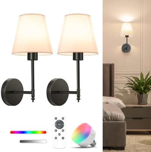 NIORSUN 14.5 inch Battery Operated Wall Sconce Set of 2,Black Rechargeable Wall Lights with 5200mAh Dimmable Detachable Bulbs and Remote,9 Colors Wireless Sconces for Bedroom Living Room Hallway Decor by NIORSUN