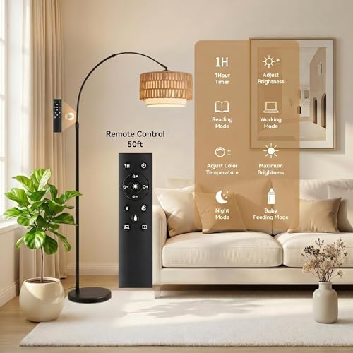 Arc Floor Lamp for Living Room with Remote, 61.5"-72.4" Height Adjust Dimmable LED Floor Lamp with 3 Color Temps, Farmhouse Arched Standing Lamp,Boho Floor Lamp, Arched Floor Lamps for Bedroom, Office - Image 3