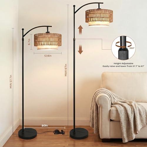 Arc Floor Lamp for Living Room with Remote, 57.5"-67" Height Adjust Dimmable Bulb Floor Lamps with 3 Color Temps, Boho Standing Lamp with Rattan & Fabric Shades, Farmhouse Tall Lamp for Bedroom Corner - Image 5