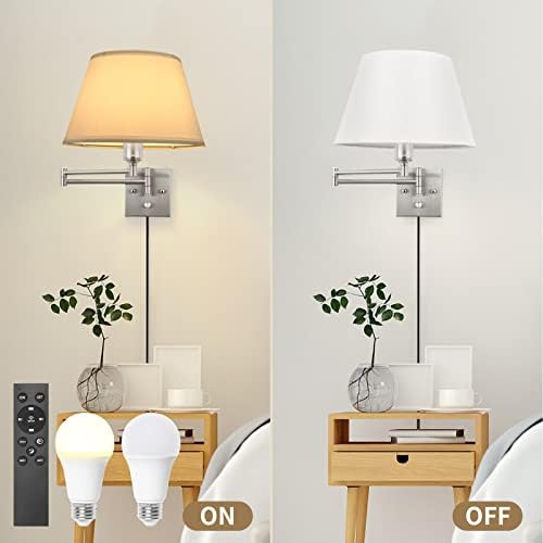 TRLIFE Dimmable Wall Sconce with Remote Control, Adjustable Color Temperature 2700K-6500K and Dimming 10-100% Swing Arm Wall Lights with Plug in Cord, 11.8" Large White Fabric Shade(2 Pack, 2 Bulbs) - Image 7
