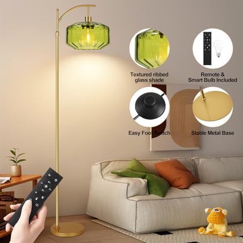 Gold Floor Lamps for Living Room Bedroom,Glass Floor Lamp with Remote Control & Green Lampshade,Arc Dimmable Floor Lamp Mid Century Modern Standing Lamp Vintage Tall Floor Lamps for Bedroom Corner - Image 4