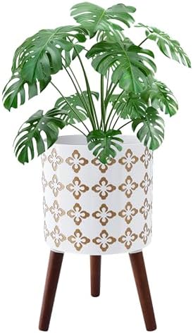 12 Inch Planter Pot with Stand, Planter for Indoor Plants, Modern Large Flower Planter Pot with Drainage Holes for Outdoor, White Gold Floral by nacltlo