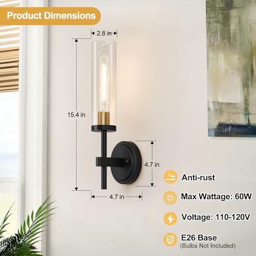 MOKATNG Hardwired Wall Sconces, Black and Gold Bathroom Sconces with Clear Glass, Modern Wall Light Fixtures for Bathroom Mirror Vanity, Living Room, Bedroom, Hallway, Stairway, Cabinet, Foyer - Image 6