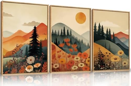 LHIUEM Large Boho Mountain Sunset Framed Canvas Wall Art Set, Pine Tree Flowers Wall Decor, Nature Landscape Forest Artwork for Living Room,Bedroom,Dining Room,Office -24"x36"x3 by LHIUEM