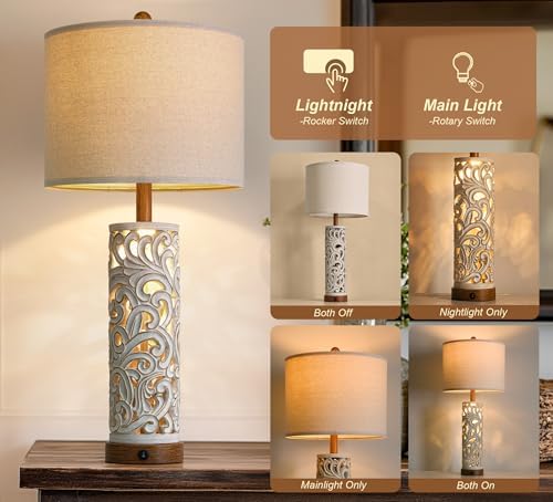 OYEARS 2-in-1 Light Table Lamp Set of 2 for Living Room, 28.5" Farmhouse Bedside Lamps with USB Charging Port, Main&Night Light & Dual Switches, Nightstand Lamp for Bedroom Home Office(Bulb Included) - Image 3