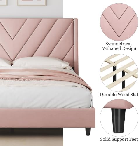Yaheetech Queen Bed Frame with Chevron Channel-Tufted Headboard, Pink - Image 5