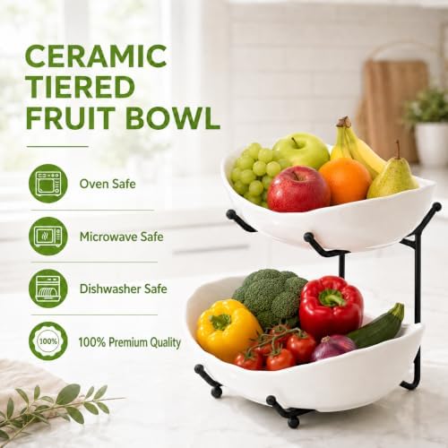 HBlife 2 Tier Fruit Bowl, Ceramic Fruit Basket for Kitchen Counter - Image 6