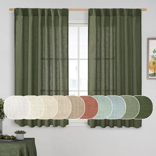 LAMIT Olive Green Linen Semi Sheer Curtains 45 Inch for Bedroom Window by LAMIT