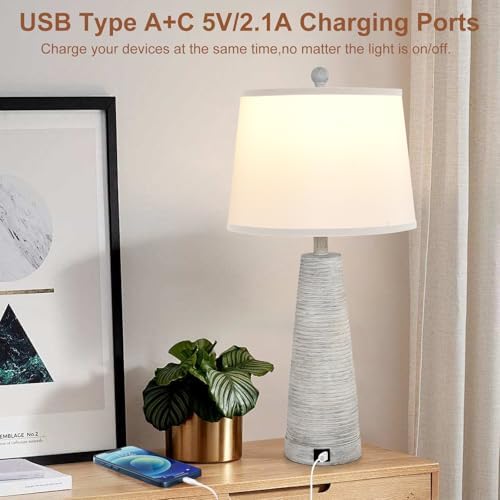 Terpsichore Nightstand Lamp Bedside Lamps Set of 2 Vintage Rustic Farmhouse Table Lamp 3 Way Dimmable Horizontal Stripe Light,for Living Room Bedroom,USB A+C (White, High 27 Inch) - Image 4