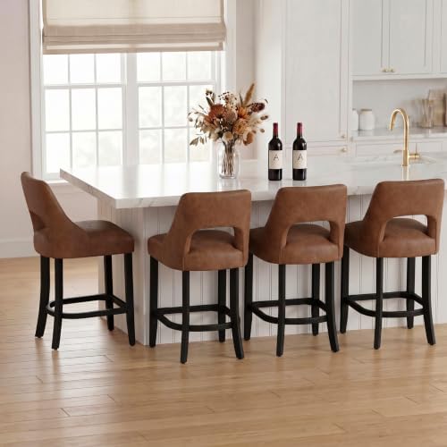 UVV Bar Stools Set of 4, Modern Upholstered Counter Height Bar Stools, Faux Leather Counter Stools BarStools with Wood Legs for Kitchen Island Dining Room Bar, Brown - Image 5