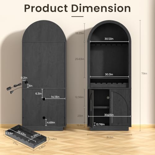 Fatmok Modular Coffee Bar with LED Lighting,Charging Station,Arched Glass Buffet Sideboard,Modern Liquor&Wine Display Storage Cabinet for Living Room,Black Grey(FD,2-Piece) - Image 2
