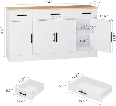 Shintenchi Buffet Cabinet with Storage,53.4" Large Kitchen Storage Cabinet with 3 Drawers and 4 Doors,Wood Farmhouse Buffet Sideboard with Adjustable Shelf for Kitchen Living Room, White - Image 3