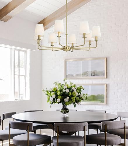 40.5'' 8-Light Brushed Gold Chandelier, E12 Base, White Fabric Shade - Farmhouse & Industrial Style Pendant Light for Dining Room Living Room Bedroom Kitchen - Image 2