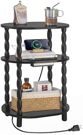 MaxSmeo Black Side Table with Charging Station, 3-Tier Small Oval End Table with USB Ports and Outlet, Modern Night Stand Wood Accent Table for Living Room, Bedroom, Black by MaxSmeo