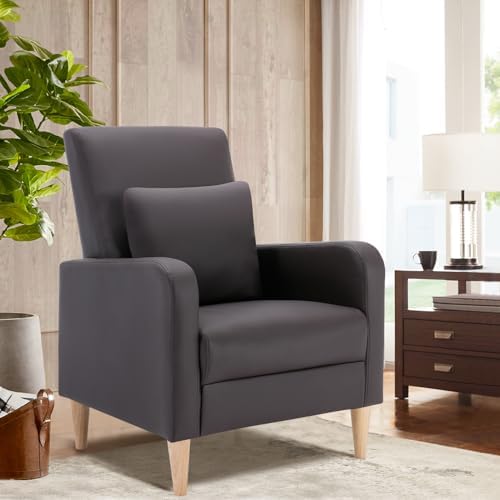 COLAMY Mid-Century Modern Accent Chair, Faux Leather Upholstered Living Room Chair with Back Pillow & Solid Wood Legs, Comfy Armchair for Living Room, Bedroom, Single Sofa, Dark Brown by COLAMYHOME