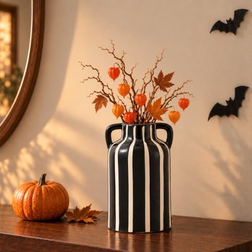 SURE YUESI Black Ceramic Vase with Handles, 9.1 Inch Striped Flower Vase for Halloween Decor, Modern Farmhouse Vase for Pampas Grass, Shelf Decor, Dining Table Centerpiece - Image 4