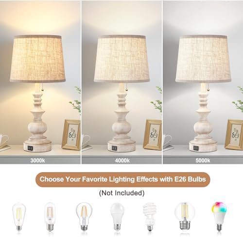 Drawealth Table Lamps for Bedrooms Set of 2 Farmhouse Bedside Lamps for Nightstand with USB Charging Ports Traditional Side Table Lamps for Living Room Wooden Finish, Pull Chain, Bulbs Not Included - Image 4