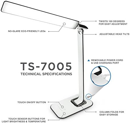 Turcom LED Desk Lamp With USB Charging Port Dimmable Touch Controls w/Color Adjustment, Eye Care Task Lamp, 5W, 1000 Lux,Multicolor - Image 6