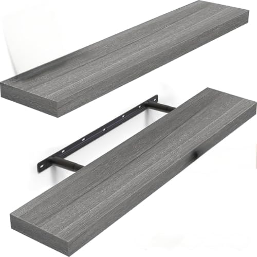 BAYKA Floating Shelves, 22.5" Wall Mounted Wood Shelves for Bathroom, Bedroom, Living Room, Kitchen, Hanging Shelf for Books/Storage/Decor (Grey,Set of 2) by Bayka