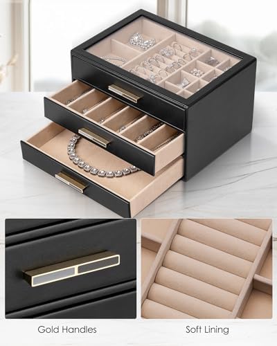 VLANDO Jewelry Box for Women, Glass Lid Jewelry Organizer with 3 Drawers for Necklaces Rings Earrings Bracelets - Black - Image 4