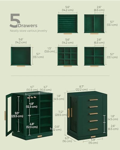 SONGMICS Jewelry Box Organizer, 360° Rotating, 5 Drawers, Forest Green - Image 4
