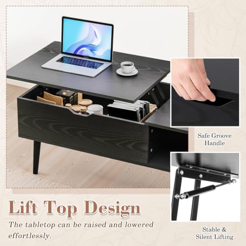 OLIXIS Wood Lift Top Coffee Table with Hidden Compartment and Storage Shelf - Image 3