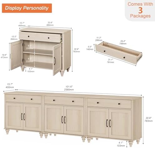 WAMPAT Buffet Cabinet with 6 Doors and 3 Drawers, Light Oak, 101 inch - Image 2