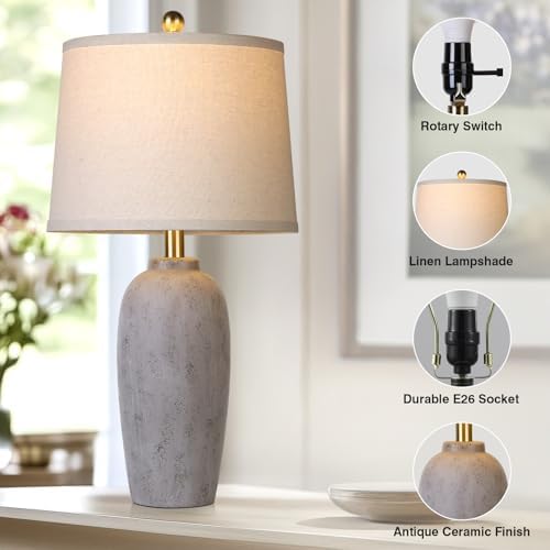 25“ Jar Table Lamps Set of 2, Ceramic Bedside Lamps for Bedroom, Brown Grey Farmhouse Nightstand Lamps for Living Room - Image 3