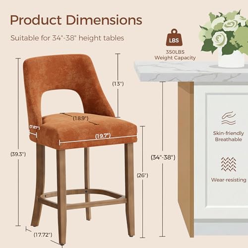 UVV Bar Stools Set of 4, Upholstered Counter Height Bar Stools, Modern Counter Stools with Wood Legs for Kitchen Island Dining Room Bar, Orange - Image 2
