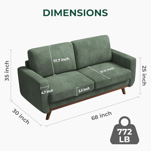 Vesgantti 68" Comfy Green Corduroy Loveseat Sofa, 2 Seater Deep Seat Couch with Spring Cushion, Solid Wood Frame for Living Room, Bedroom, Office - Image 2
