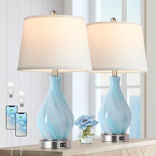 Modern Accent Table Lamp Set of 2 Touch Control, 22" Faded Swirl Blue Gray Art Glass Bedside Lamp with USB Ports, 3-Way Dimmable Hand Crafted Nightstand Lamps White Drum Shade for Living Room Bedroom by PARTPHONER
