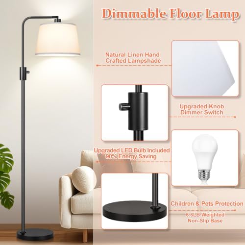【Upgraded】 Dimmable Floor Lamp, 1000 Lumens LED Edison Bulb Included, Arc Black Floor Lamps for Living Room Modern Standing Lamp with White Shade, Tall Lamps for Living Room Bedroom Office Dining Room - Image 5