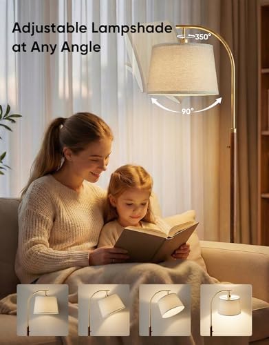 Dimmable Floor Lamp for Living Room, 65" Tall Metal Standing Lamp with LED Bulb, Mid Century Modern Arc Floor Lamp with Linen Shade for Bedroom, Reading Room, Office & Nursery, Gold and Walnut Color - Image 6