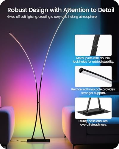 RGB Arc Floor Lamp, Dimmable Double-Light Standing Lamp, 3CCT, Remote & Foot Switch, for Living Room, Office, Bedroom, Black RB61LD05 - Image 6