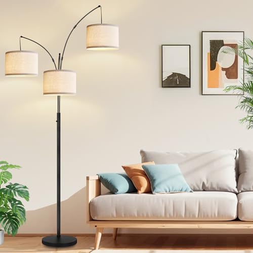 Dimmable Floor Lamp - 3 Lights Arc Floor Lamps for Living Room, 1000LM Modern Tall Standing Lamp with White Shades & Heavy Base, Mid Century Tree Floor Lamp for Bedroom Office, 3 LED Bulbs Included - Image 6