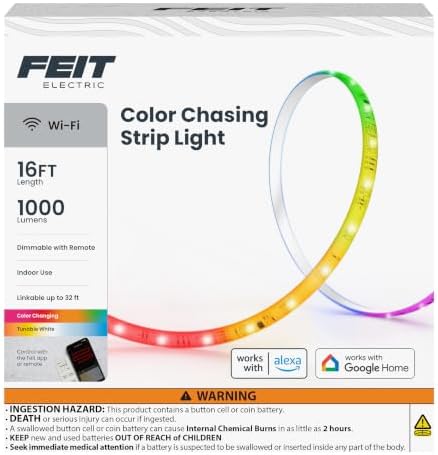Feit Electric Smart Light Strip 16FT, Ultrathin RGBW Color Chasing LED Light Strip, 2.4GHz Wi-Fi Enabled, Works with Alexa and Google Home Assistant, Remote Control, (0.4in x 192in) TAPE192/CHASE/AG by FeitElectricCompany