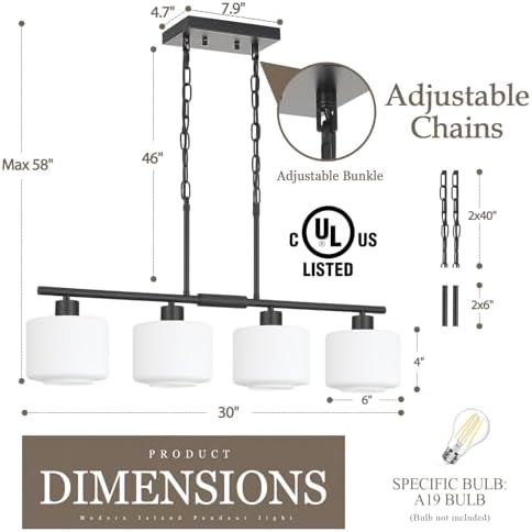 4-Light Kitchen Island Lighting, Modern Black Linear Dining Room Chandelier Light Fixtures with Milk Glass and Chain, Farmhouse Hanging Lights for Kitchen Island Dining Room, OS-YQ8153-4ISBKW - Image 3