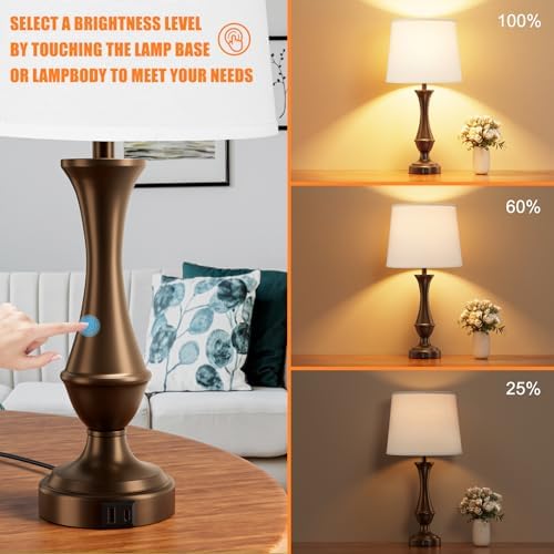 Touch Lamps for Nightstand, 3 Way Dimmable Lamps for Bedroom with USB C+A - Image 2