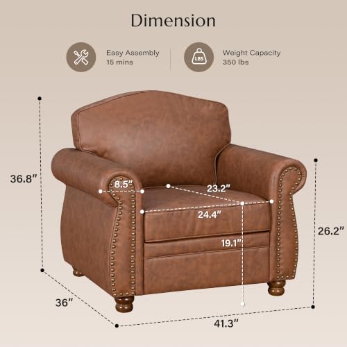 Vintage Oversized Faux Leather Chair Set of 2 for Living Room, 41", Caramel - Image 2
