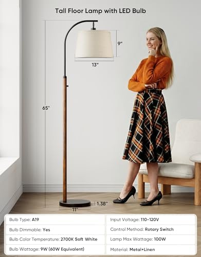 Dimmable Floor Lamp for Living Room, 65" Tall Metal Standing Lamp with LED Bulb, Mid Century Modern Arc Floor Lamp with Linen Shade for Bedroom, Reading Room, Office & Nursery, Black and Rustic Brown - Image 5